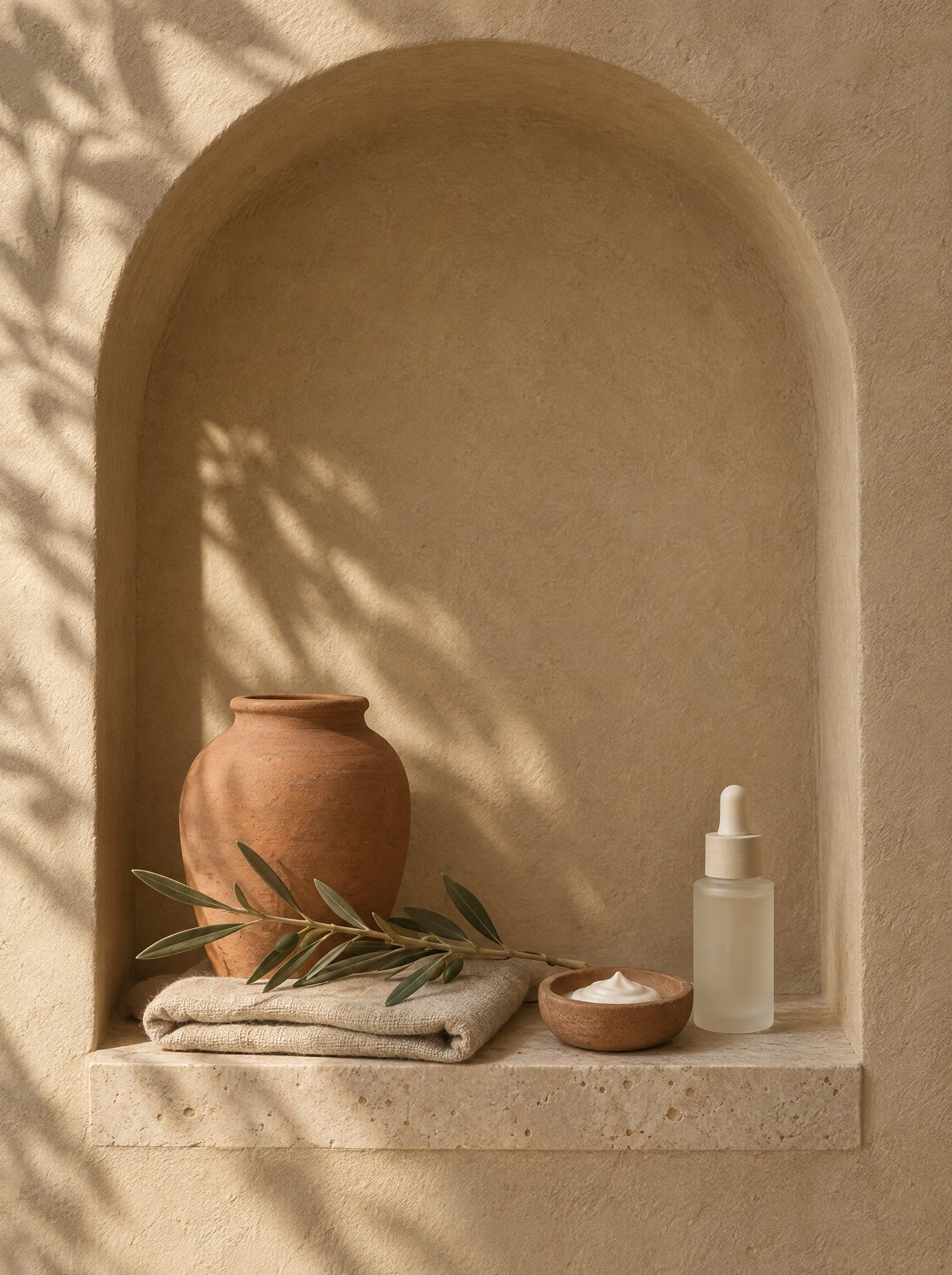 Imagem ilustrativa: nicho em arco numa parede cor de areia, com vaso de terracota, ramo de oliveira, toalha de linho e um potinho de creme, sob a sombra de folhas.
