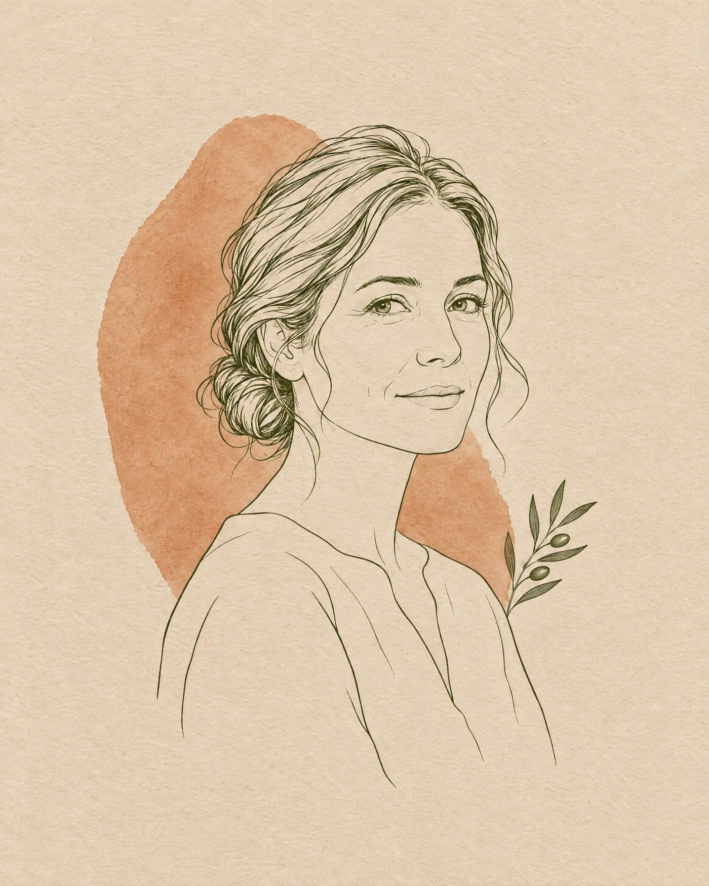 Ilustração em traço de uma mulher com o cabelo preso, sobre uma mancha de aquarela terracota. Não é uma foto da profissional.